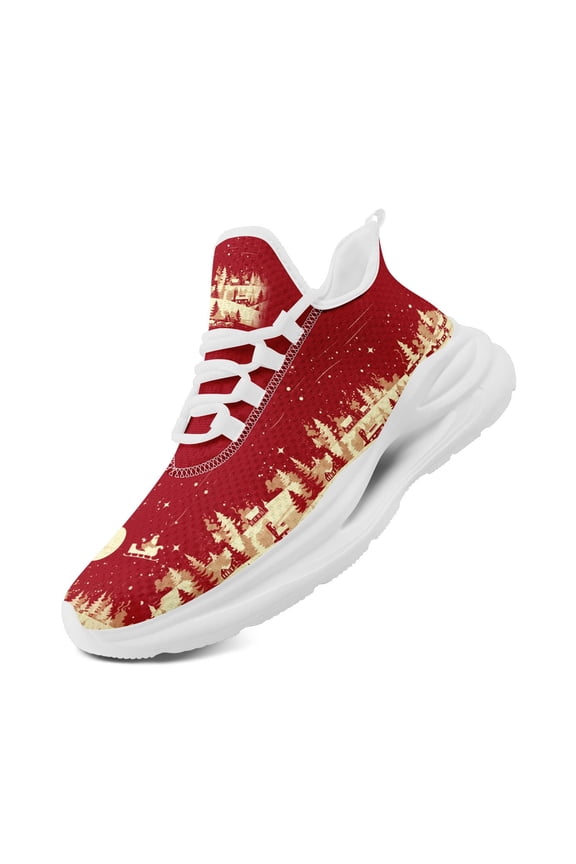 women's Christmas Tree And Snowflake Print Sneakers, Platform Lace-up Training Shoes With Gold/red/white Cushioning, Breathable Low-top Festive Shoes Suitable For Gym, Parties, Travel