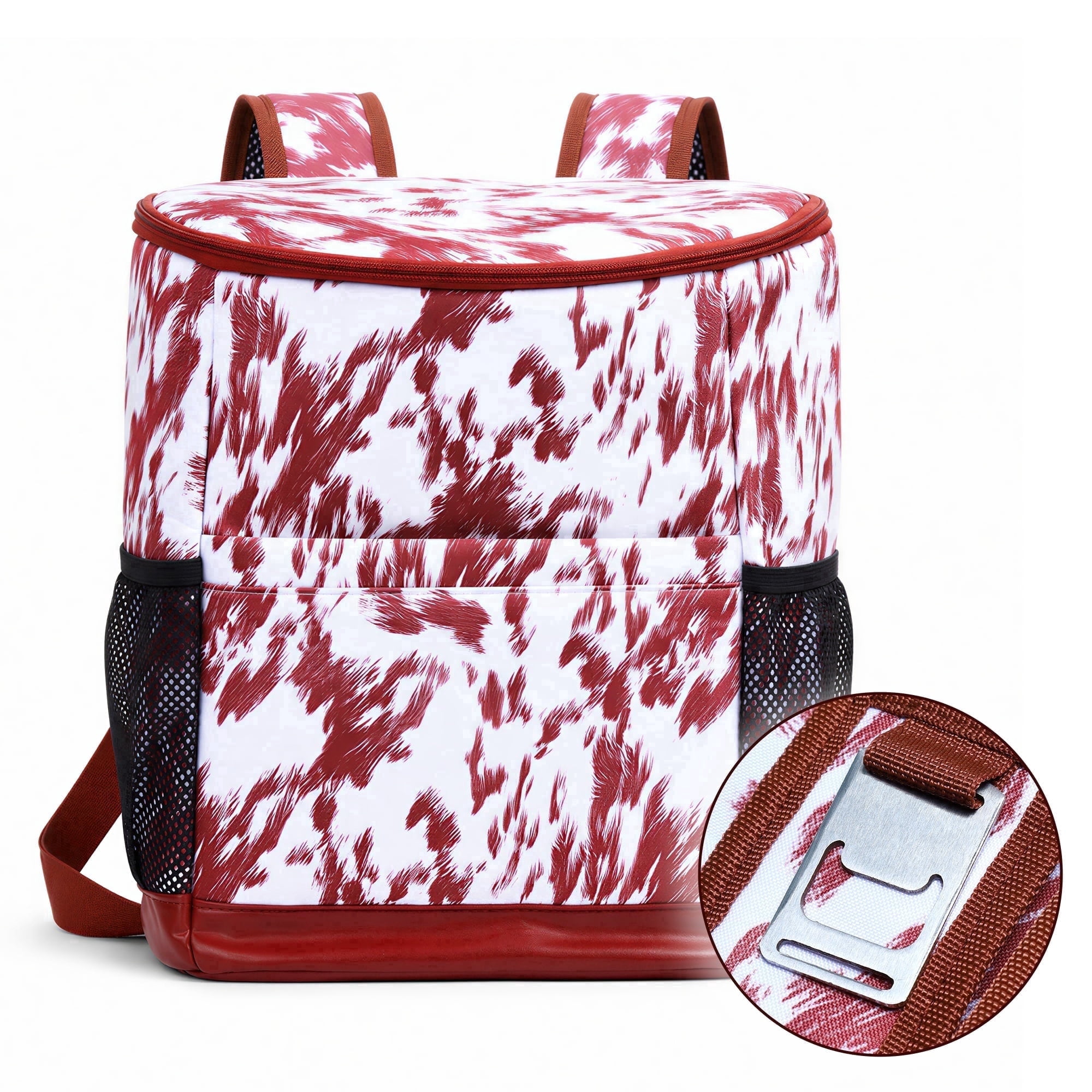 Mochila hielera para 24 latas, aislada y resistente a fugas, con abridor de botellas, estampado de vaca