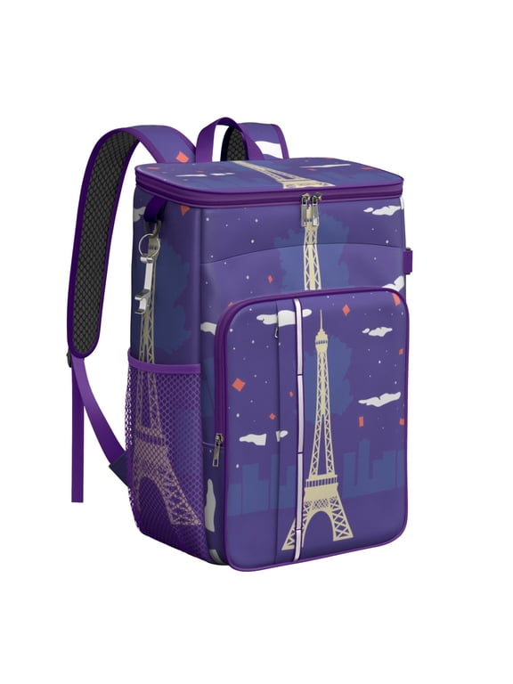 Cooler Backpack 26 Cans Eiffel Tower Lunch Backpack Leak Proof Travel Camping Lunch Backpack Outdoor Cutlery Backpack for Anglers Family Travelers