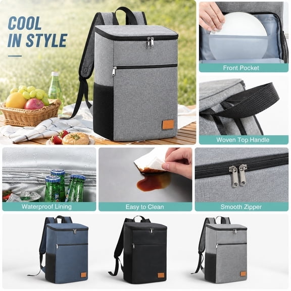 Cooler Backpack, Insulated Backpack Cooler, Backpack with Lunch Compartment, Backpack with Water Bottle Pocket, Navy Blue 16X11X6.5 in Polyester Oxford Zippered Thermal Reusable