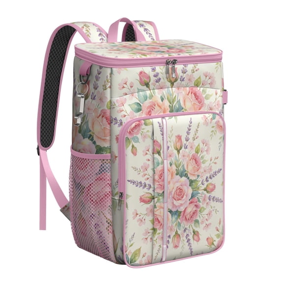 Cooler Backpack, Insulated Leakproof Soft Cooler Holds 26 Cans, Built-in Bottle Opener for Beach, Camping, Hiking & Picnic.Spring Bouquet of Roses and Cherry Blossoms