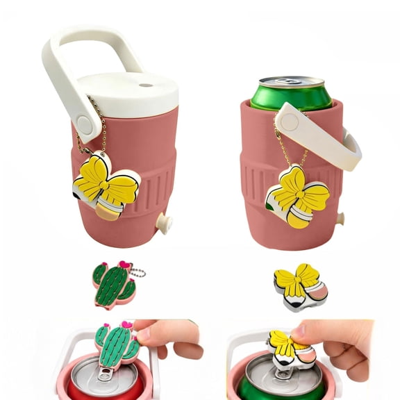 Cooler Can Holder, Mini Water Cooler Can Holder for 12oz Slim & Standard Cans, Insulated Sleeve with Straw Hole and Charm Can Opener, for Soda, Seltzer, Beer, Parties and Outdoor Use, Pink