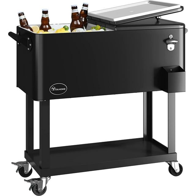 Cooler Cart With Drainage, Portable Patio Cooler On Wheels, Outdoor