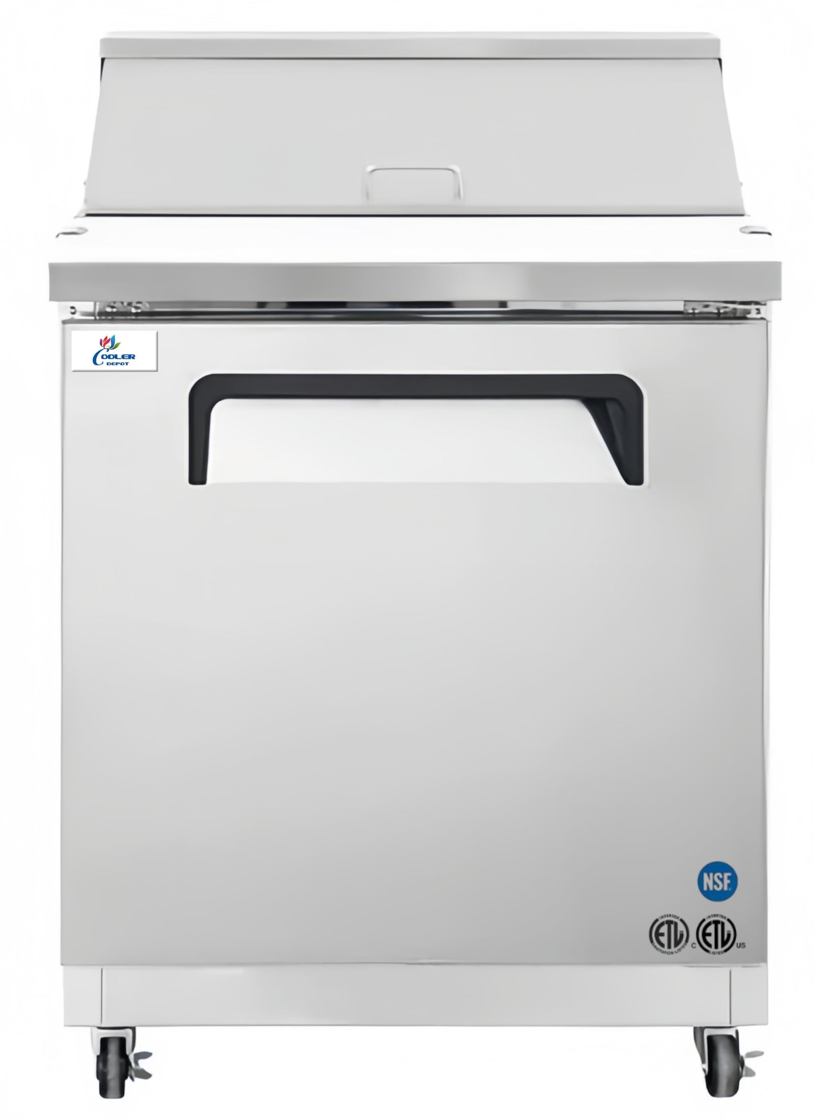 27.5 in. Commercial Mega Top Sandwich Prep Table Refrigerator, Stainless Steel Salad & Pizza Prep Station with 12 Pan Slots, Undercounter Fridge with Digital Temperature Control and Wheels