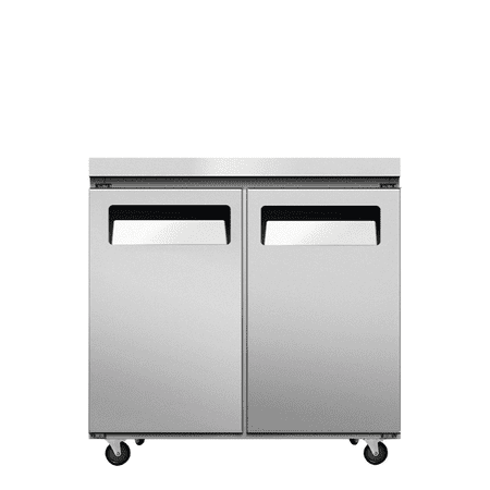 Cooler Depot 36.5 inch 13 cu.ft, 36" heigh Commercial Undercounter Freezer, 2 Solid Doors, Stainless steel exterior, NSF certified.