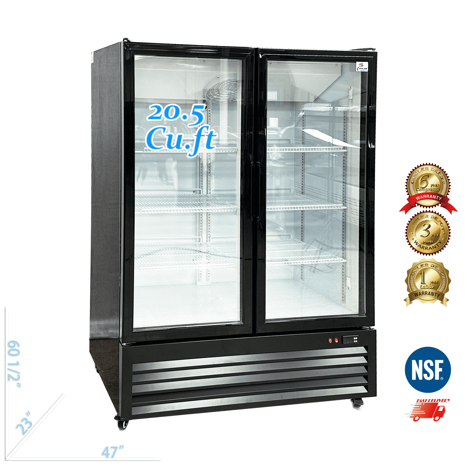 Cooler Depot 47 inchs 20.5 cu.ft, Commercial Merchandiser Refrigerator,2 Glass Door, NSF Certified.