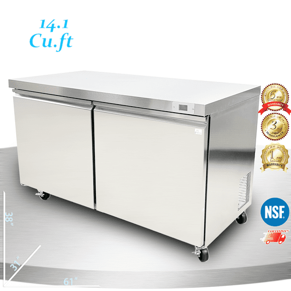 Cooler Depot 61 inch 14.1 cu.ft, 38" heigh Commercial Undercounter Freezer, 2 Solid Doors, Stainless steel exterior, NSF certified.