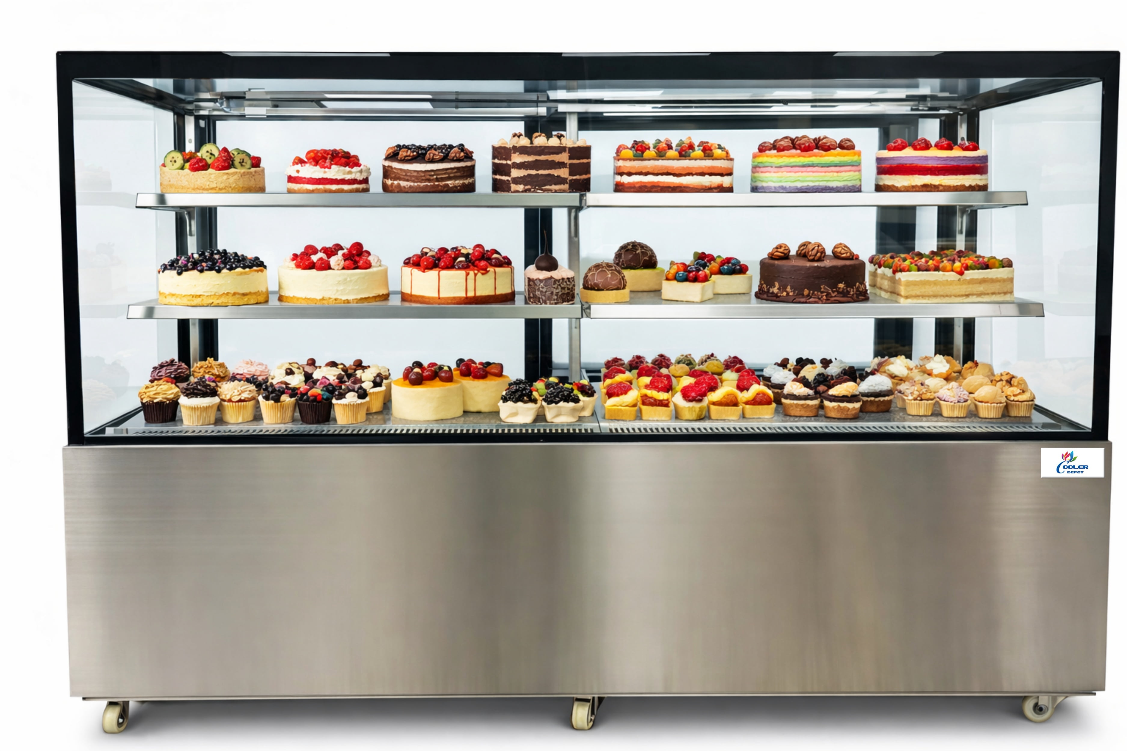 NSF 71 in Commercial Bakery Cake Display Refrigerator, 22.2 cu.ft  Large Refrigerated Pastry & Dessert Showcase, Glass Merchandiser with LED Lighting, Stainless Steel, 115V
