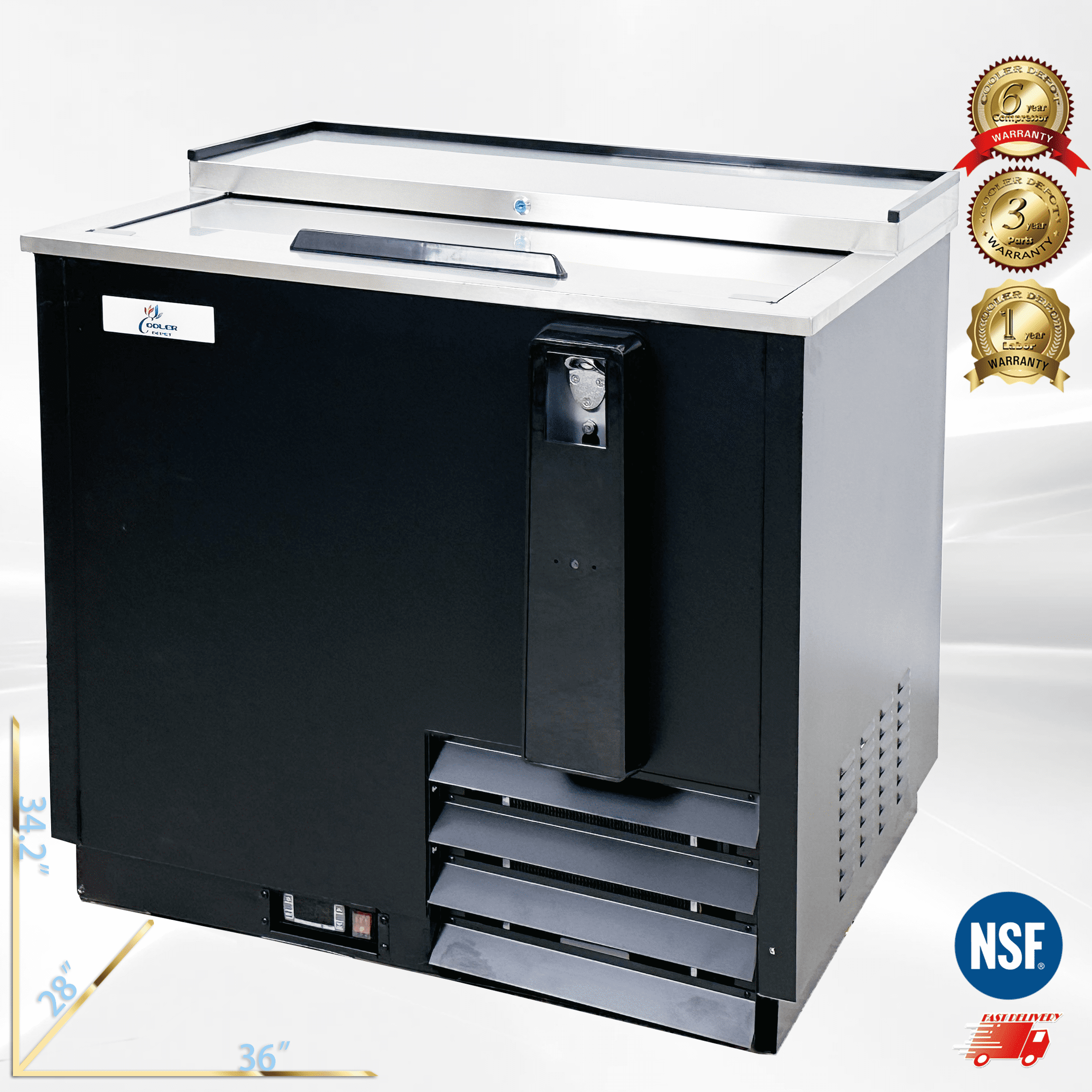 Cooler Depot NSF 36" Beer Bottle Cooler with Glass Froster & Cap Catcher, Model JBC-36