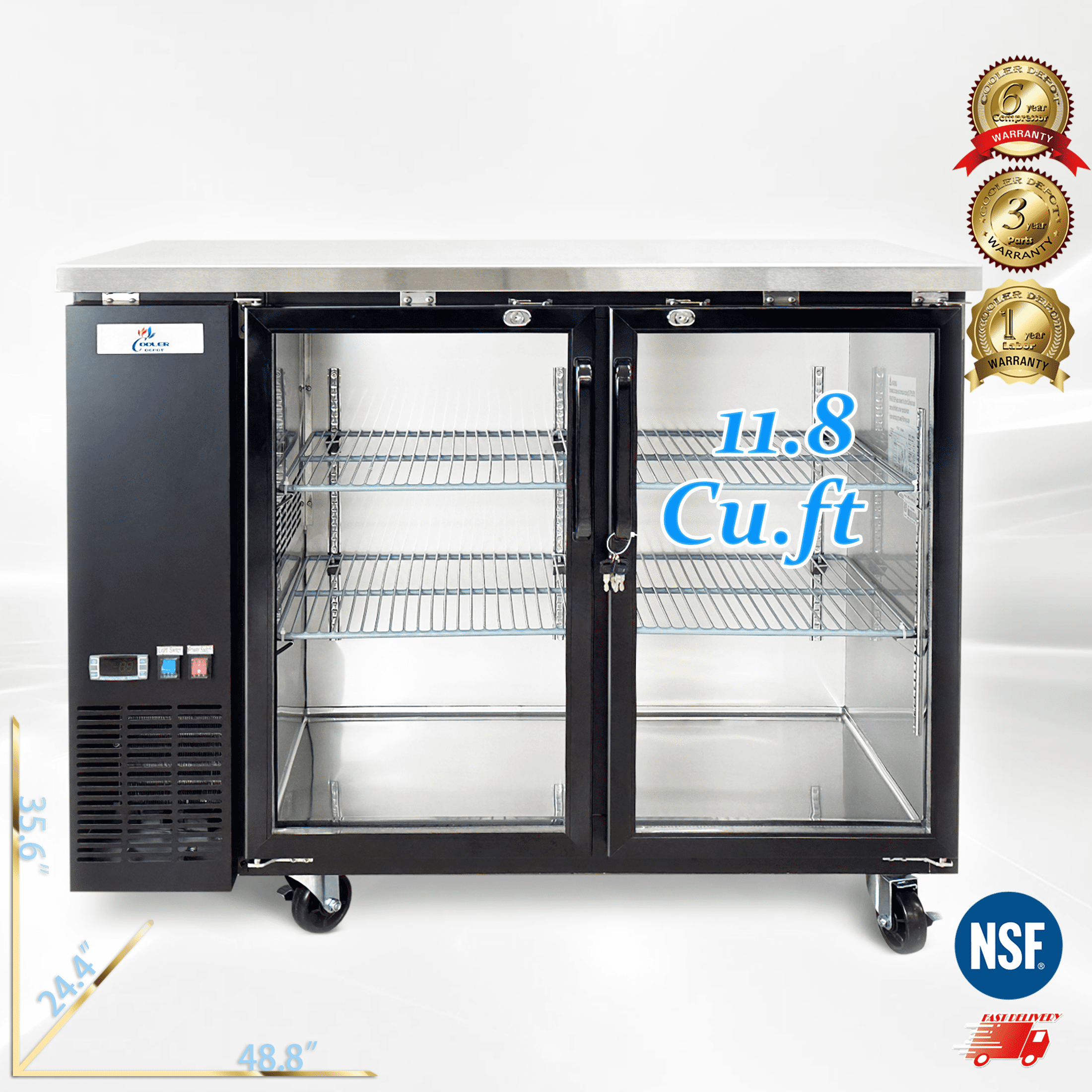 Cooler Depot NSF 48" Black Glass Door Beer Refrigerator, 11.8 cu ft, Keg Compatible, Model UUB24-48G