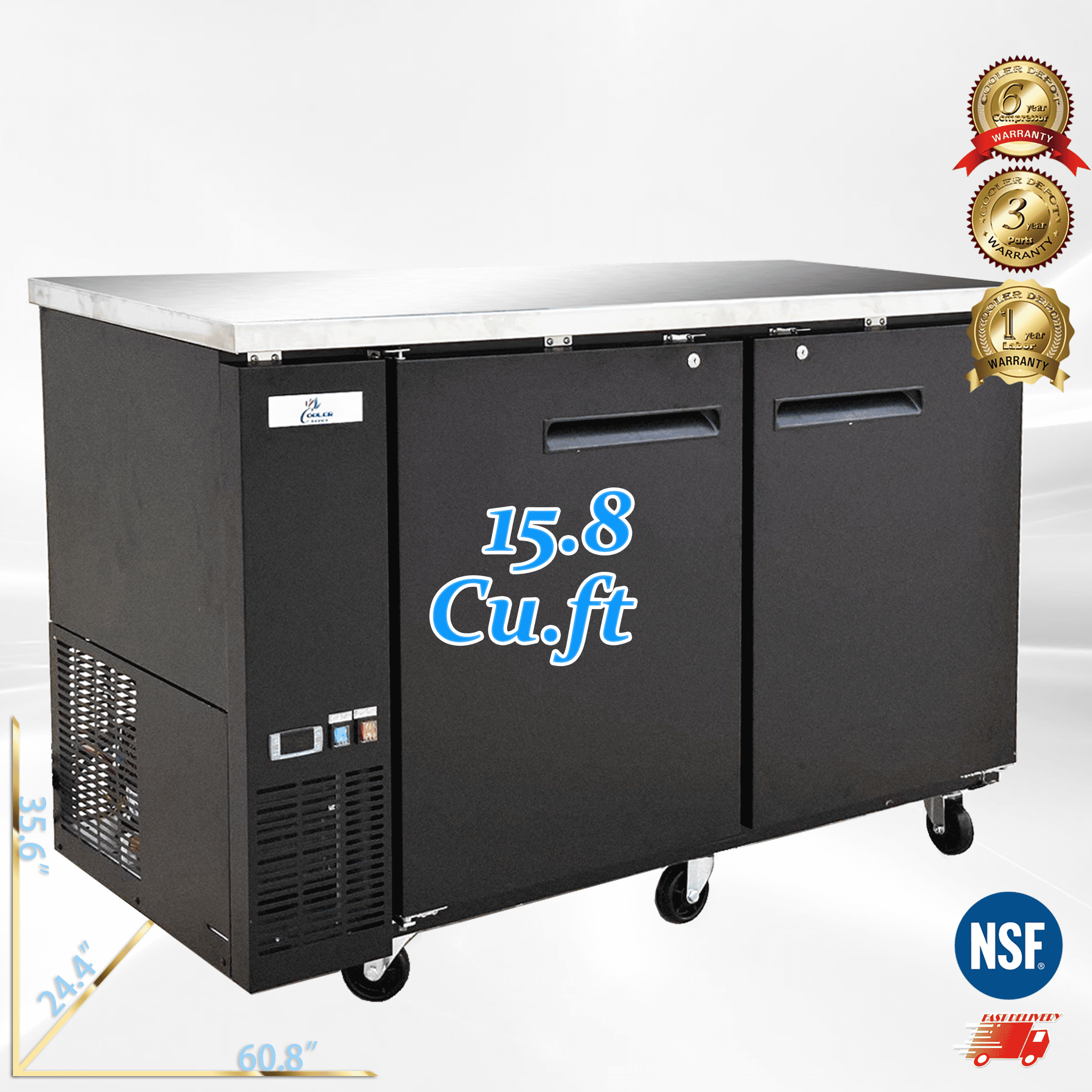 Cooler Depot NSF 60" Commercial Beer Refrigerator, 15.8 cu ft, Black Vinyl, Model UBB-24-60F-HC