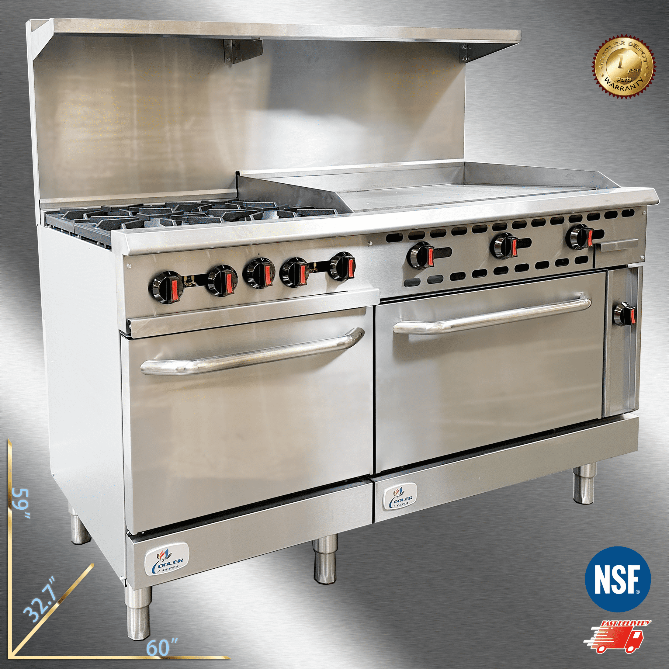 Cooler Depot NSF 60" Commercial Dual-Fuel Range with Charbroiler & Griddle, 9.5 cu ft Oven, Model CD-R4-36G