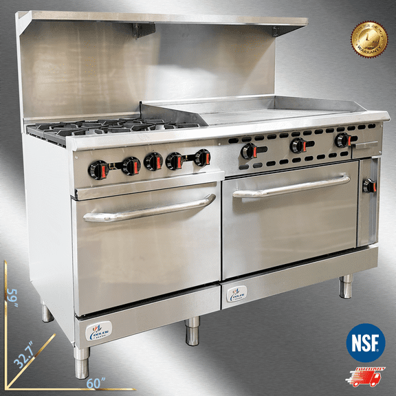 Cooler Depot NSF 60" Commercial Dual-Fuel Range with Charbroiler & Griddle, 9.5 cu ft Oven, Model CD-R4-36G