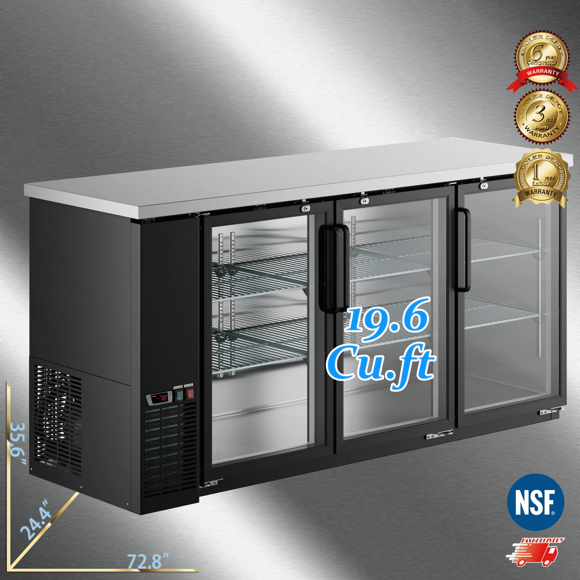 Cooler Depot NSF 72" Black Glass Door Beer Refrigerator, 19.6 cu ft, Keg Compatible, Model UBB24-72G