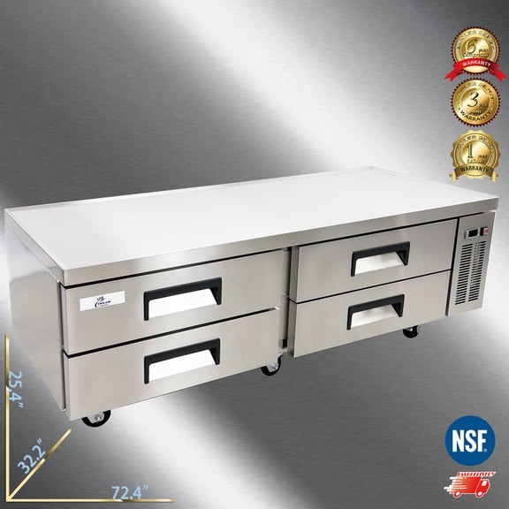 Cooler Depot NSF 72" Stainless Steel Refrigerated Chef Base, 4-Drawer, Model CB72