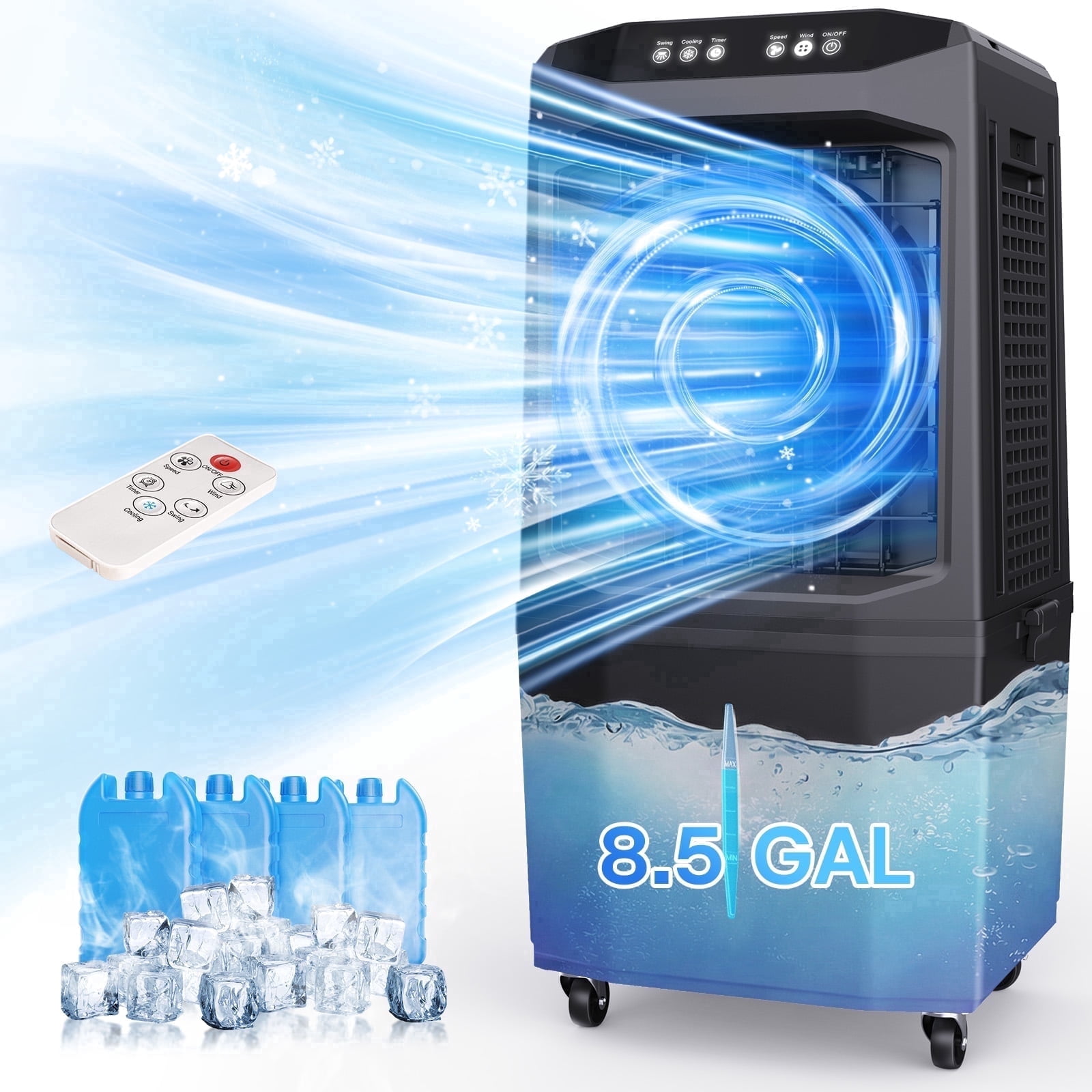 Evaporative Air Cooler,1500 CFM Portable Air Cooler Fan with 4 Ice Packs, 8.5 Gallon Tank, 90° Oscillation, Remote, 12H Timer, Quiet 38dB,Black