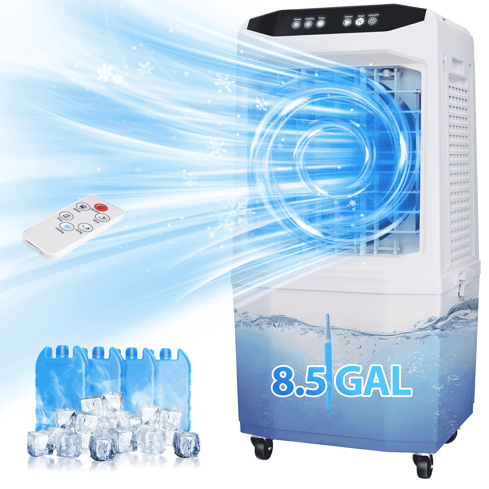Evaporative Air Cooler,1500 CFM Portable Air Cooler Fan with 4 Ice Packs, 8.5 Gallon Tank, 90° Oscillation, Remote, 12H Timer, Quiet 38dB,White