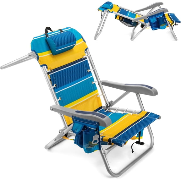 Cooler+ Folding Backpack Beach Chair with 5 Positions, Towel bar, XL Cooler Pouch, Storage Net, Cup and Phone Holde