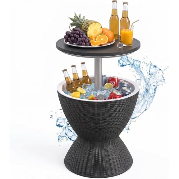 Cooler Table, 15 Gallon Cooler Bar Table, Adjustable Height Multi-Functional Outdoor Cool Bar for Drinks Beer & Wine, with Drain Plug, Patio Furniture for Backyard, Pool, BBQ & Parties (Black)