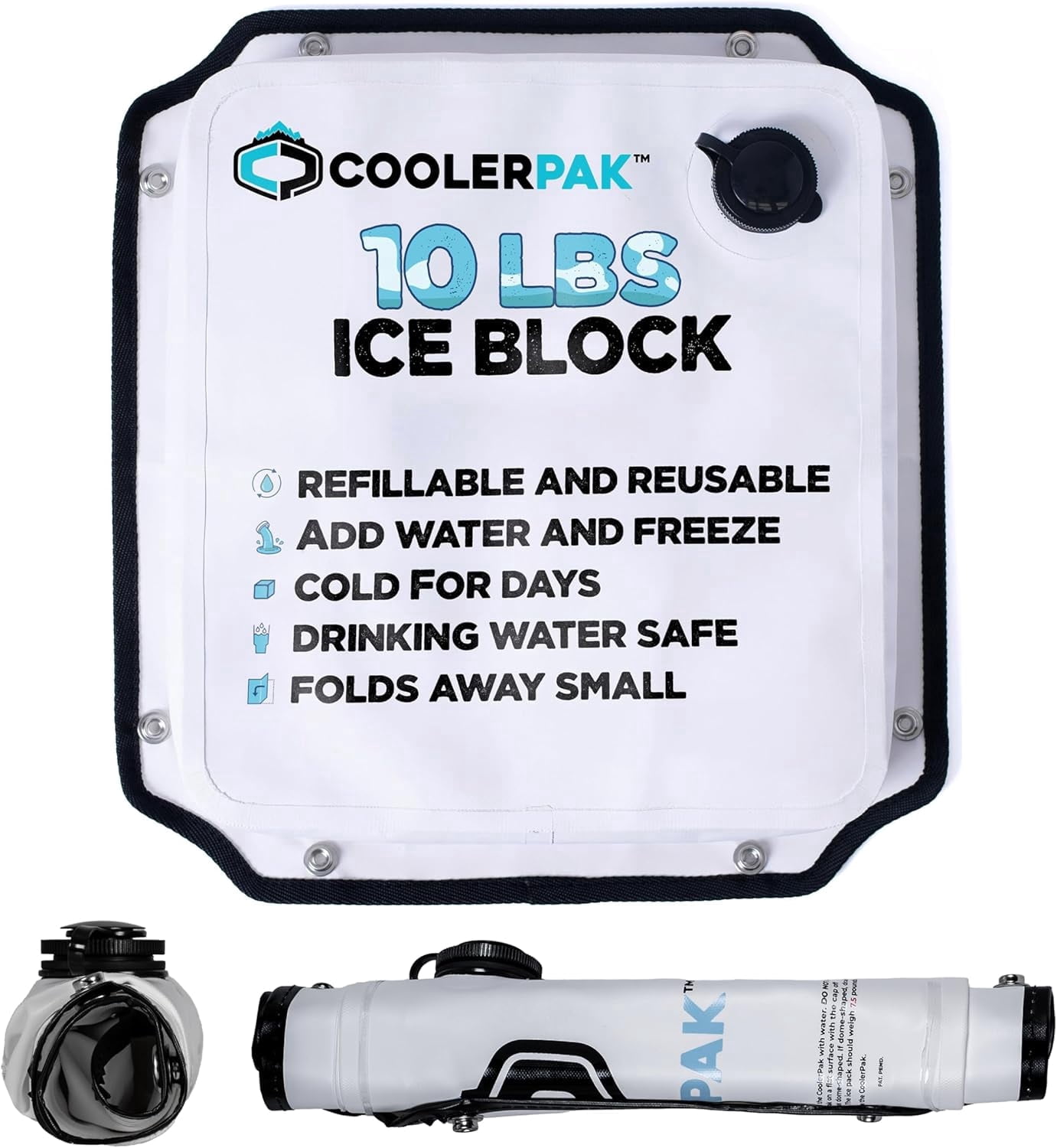 CoolerPak 10lb Refillable Reusable Ice Pack – Hook & Loop Fastener - Cold for Days – Non-Toxic, Leakproof, Suitable for Potable Drinking Water & Cold Plunge – Built Tough, Roll Up for Easy Storage