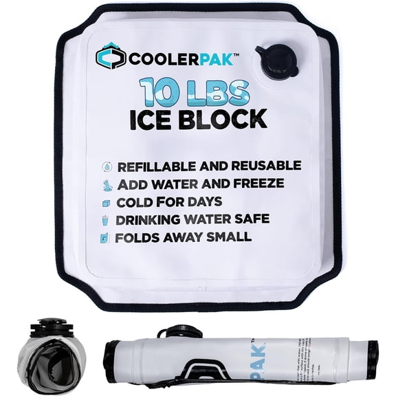 CoolerPak 10lb Refillable Reusable Ice Pack  Hook & Loop Fastener - Cold for Days  Non-Toxic, Leakproof, Suitable for Potable Drinking Water & Cold Plunge  Built Tough, Roll Up for Easy Storage