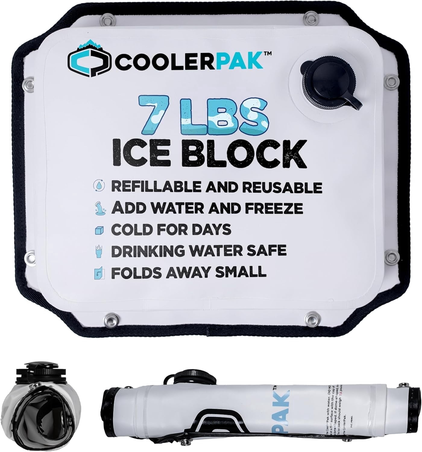 CoolerPak 7lb Refillable Reusable Ice Pack – Hook & Loop Fastener - Cold for Days – Non-Toxic, Leakproof, Suitable for Potable Drinking Water & Cold Plunge – Built Tough, Roll Up for Easy Storage