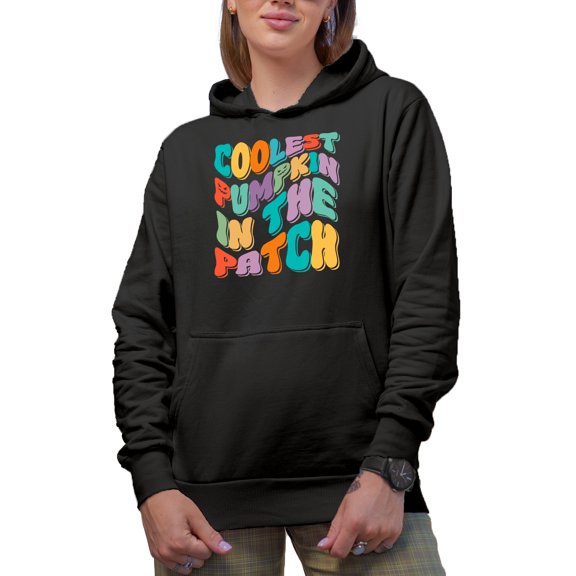 Coolest Pumpkin in the Patch, Autumn or Fall & Pumpkins Quote, Groovy Retro Wavy Text Merch Gift, Black Hooded Sweatshirt or Hoodie, XL
