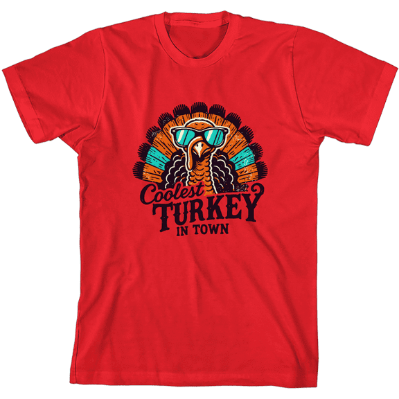 Coolest Turkey In Town Youth Red Crew Neck Short Sleeve Tee-XS