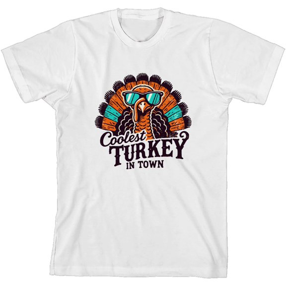 Coolest Turkey In Town Youth White Crew Neck Short Sleeve Tee-Medium