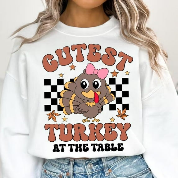 Coolest Turkey at the Table Sweatshirt, Cute Thanksgiving Shirt for Kids, Boy or Girl Fall Outfit with Coquette Bow, Fun Holiday Turkey Top
