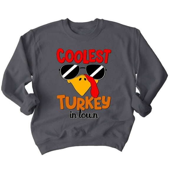 Coolest Turkey in Town Thanksgiving Funny Cool Sunglasses Crewneck Sweatshirt, L, Charcoal