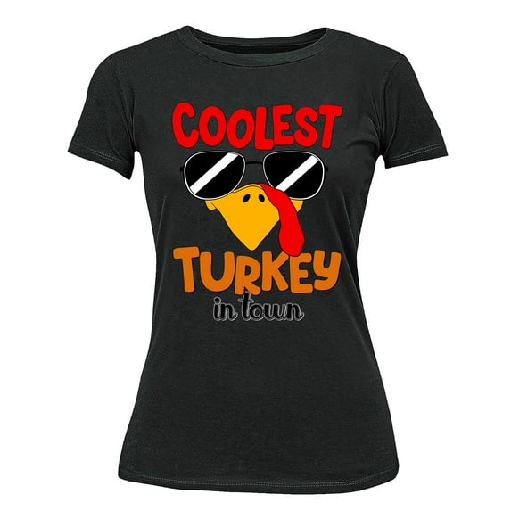 Coolest Turkey in Town Thanksgiving Funny Cool Sunglasses Women's T-shirt For Women, L, Black