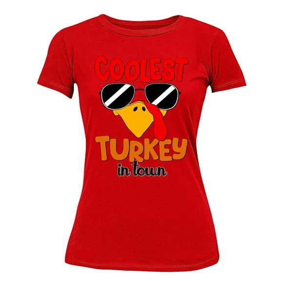Coolest Turkey in Town Thanksgiving Funny Cool Sunglasses Women's T-shirt For Women, L, Red