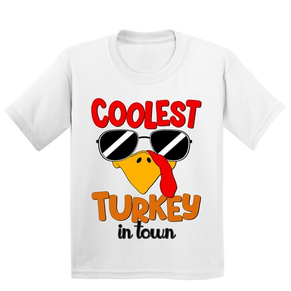 Coolest Turkey in Town Thanksgiving Funny Cool Sunglasses Youth T-shirt For Kids, XL, White