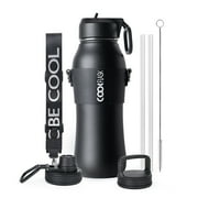 Coolflask 32 oz Insulated Water Bottle with Strap, Stainless Steel Water Bottle with Straw, Double Wall Vacuum Thermos Cold for 48 Hrs Hot for 24 Hrs