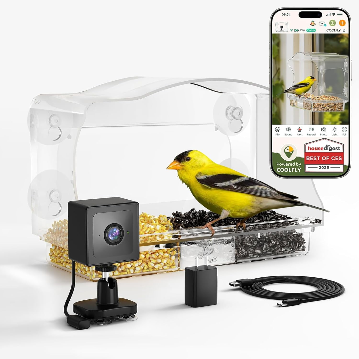 Coolfly x Freeseason Smart Window Bird Feeder with 2K HD Camera, Suction Cup Mount for Apartments, Anti-Glare Video with AI Species ID & No Monthly Fees - Modern Flat Top Design