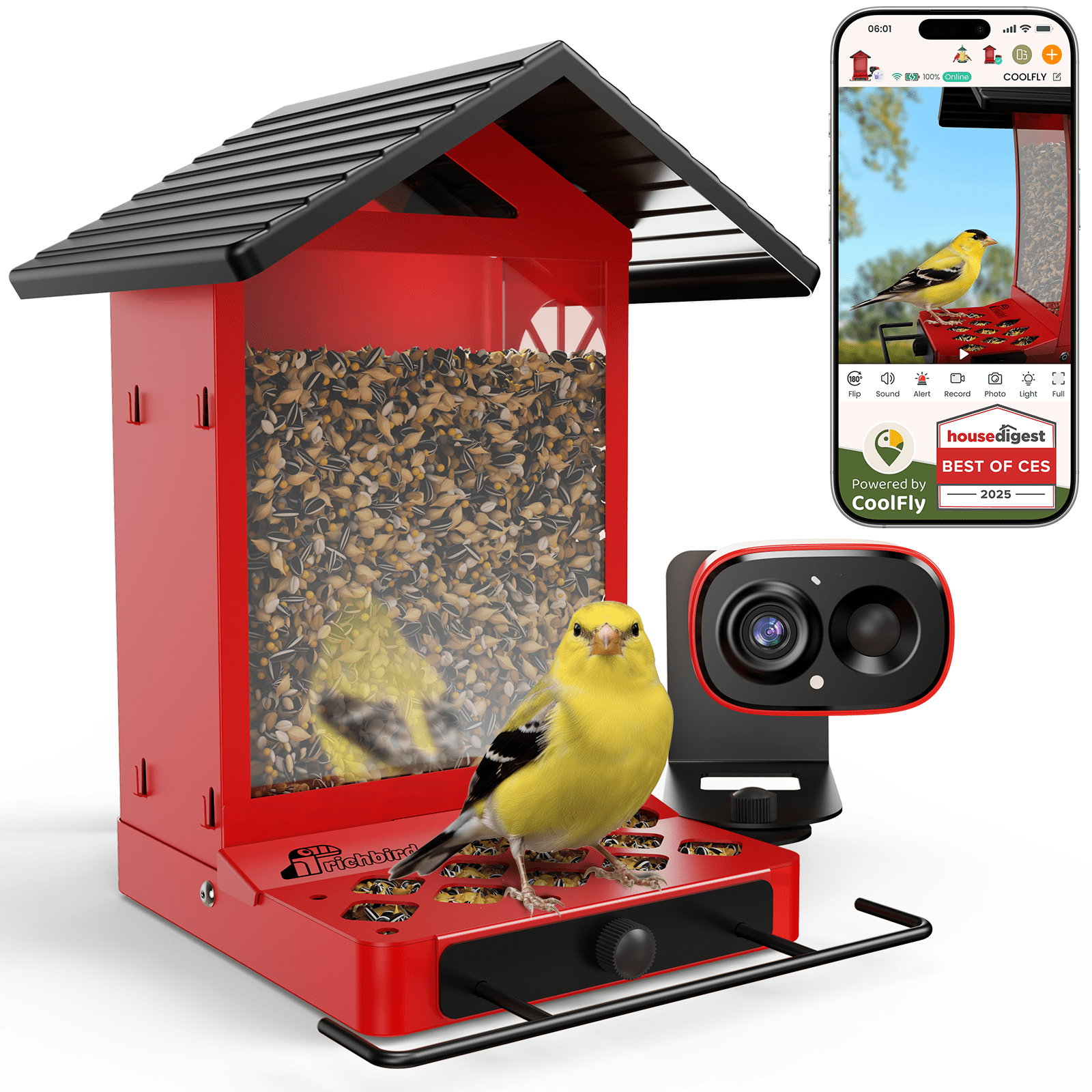 Coolfly x Richbird All-Metal Smart Bird Feeder with 2.5K HD Solar Camera, Squirrel-Resistant Large Capacity Bird House with Free AI Bird Identification & Phone Notifications - Red