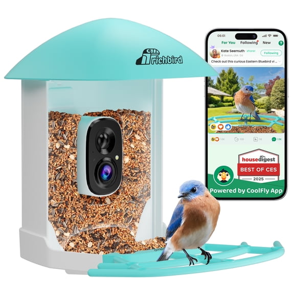 Coolfly x Richbird Wireless Smart Bird Feeder with Solar Camera & AI Species Identification, Waterproof Outdoor Bird Watching Camera - Blue