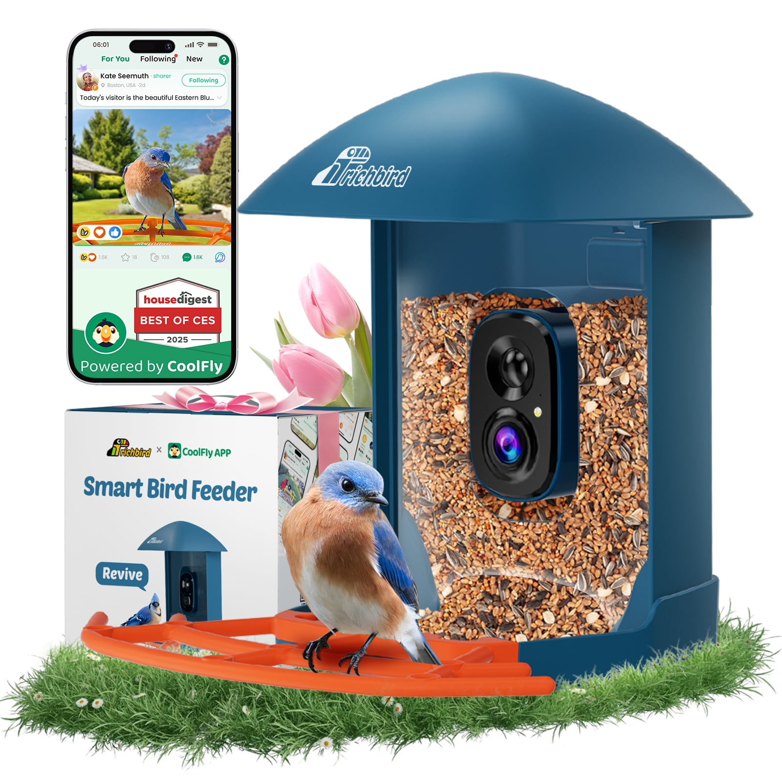 Coolfly x Richbird Wireless Solar Smart Bird Feeder with 2K HD Camera and Free AI Identification, Waterproof Outdoor Bird Watching Camera with Phone App & Two-Way Audio - Deep Blue