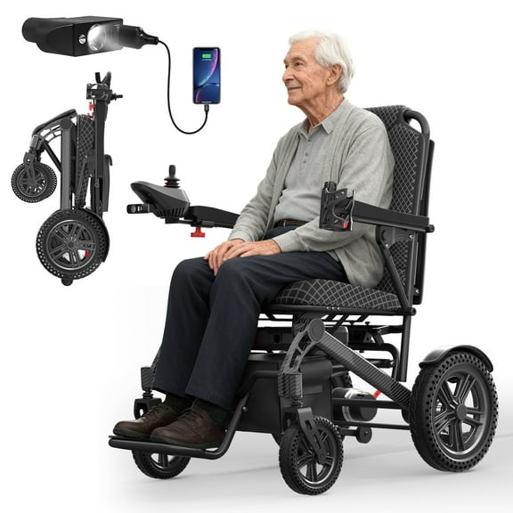 COOLHUT Foldable Electric Wheelchair for Adults, 30+ Miles All Terrain Motorized Power Electric Wheelchairs, Intelligent Brake Wheelchair, Sponge Cushion Electric Wheelchair, Support 400lbs+, Black