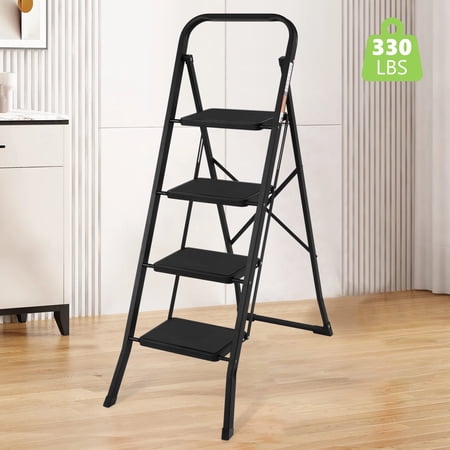 Coolhut 4 Step Ladder, Folding Step Stool with Wide Anti-Slip Pedal, 330lbs Capacity Portable Lightweight Ladders for Home Kitchen Outdoor, Black