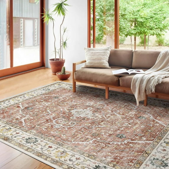 Coolhut 8x10 Feet Bohemian Vintage Large Rug, Hypoallergenic, Machine Washable Indoor Rug, Soft Low Pile Design, Non-Slip and Wear Resistant for Living Room, Bedroom, Bathroom, and Kitchen