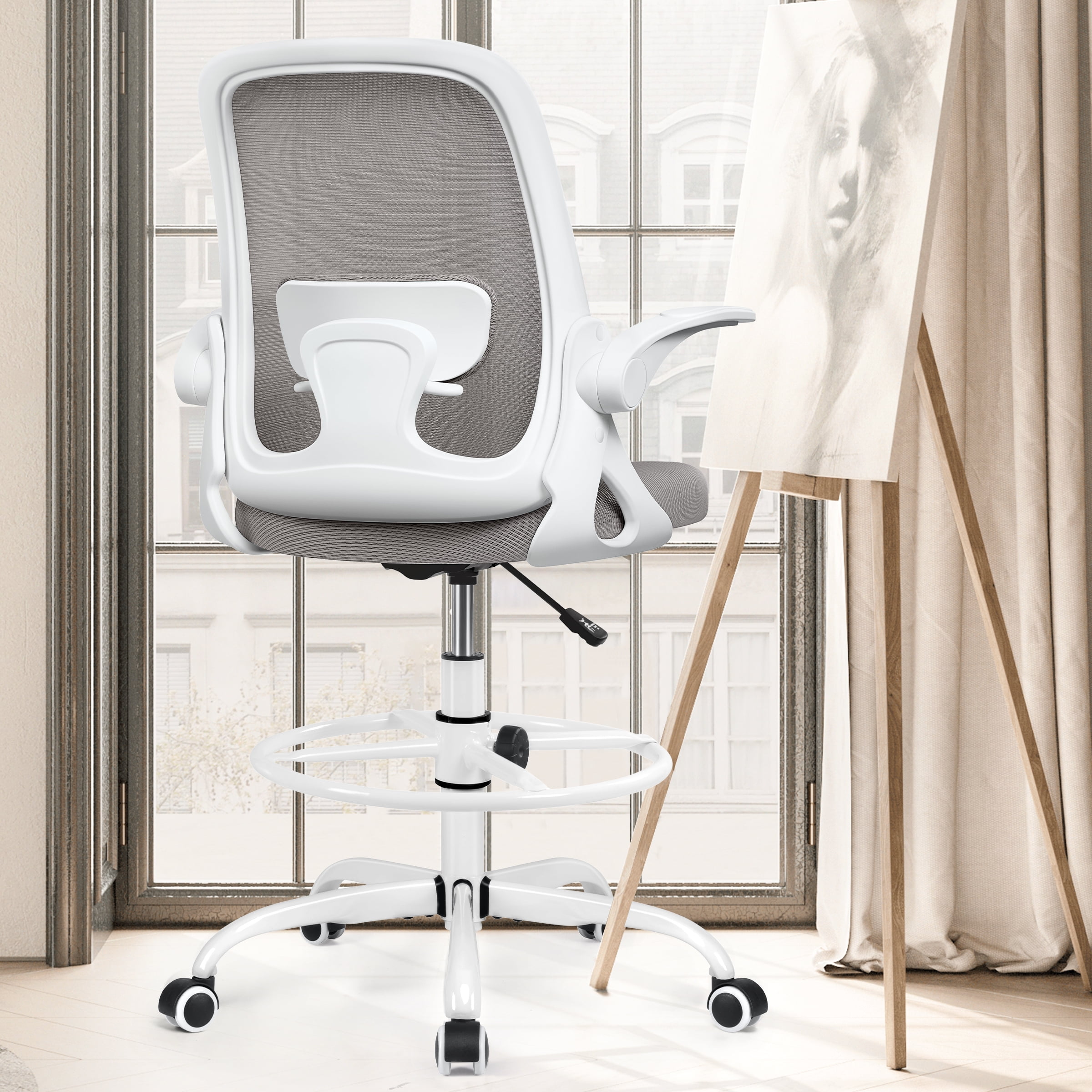 Coolhut Drafting Chair, Ergonomic Home Office Desk Chairs with Lumbar Support, Flipup Armrests