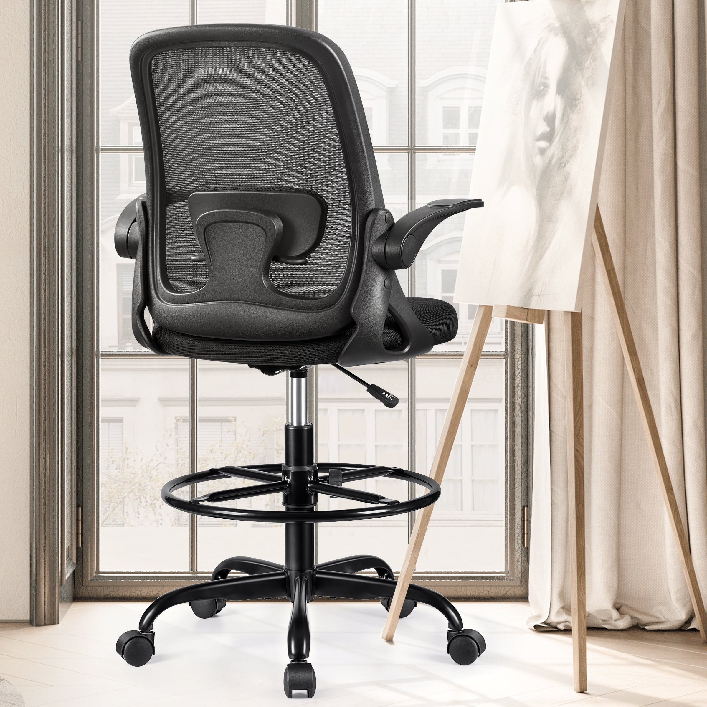 Coolhut Drafting Chair, Ergonomic Home Office Desk Chairs with Lumbar Support, Flipup Armrests