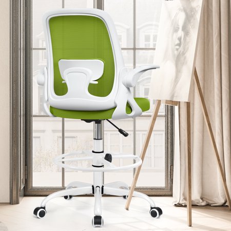 Coolhut Drafting Chair, Ergonomic Home Office Desk Chairs with Lumbar Support, Flip-up Armrests and Adjustable Foot Ring, Breathable Mesh Comfortable Work Chair, Swivel Task Chair(Green)