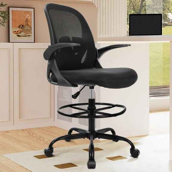 Coolhut Drafting Chair, Tall Office Chair Computer Standing Desk Chair, Office Drafting Chair with Lumbar Support and Adjustable Footrest Ring,Black(Black)