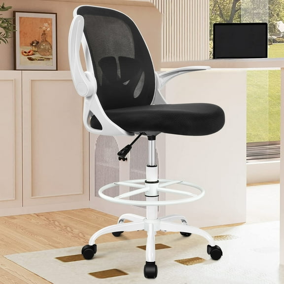 Coolhut Drafting Chair, Tall Office Chair Standing Desk Chair, Office Drafting Chair with Lumbar Support and Adjustable Footrest Ring, 300lbs, White