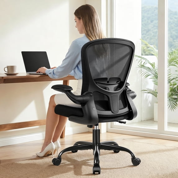 COOLHUT Office Chair, Ergonomic Desk Chair with Adjustable Lumbar Support, High Back Mesh Computer Chair with Flip-up Armrests-BIFMA Passed Task Chairs, Executive Chair for Home Office, Black