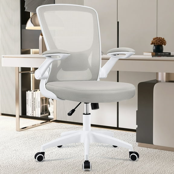 Coolhut Ergonomic Office Chair, Comfort Home Office Task Chair, Lumbar Support Ergonomic Mesh Desk Chair with Flip-up Arms, 300lbs, Light Grey