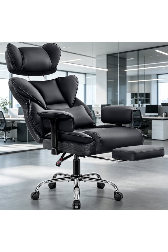Big and Tall PU Leather Office Chair with Adjustable Headrest & Footrest, Executive Computer Desk Chair with 3D Adjustable Padded Armrest, Ergonomic Office Chair with Lumbar Support, Black